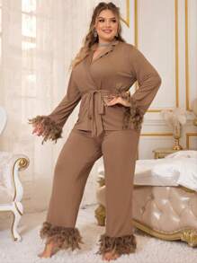 Slumberist Women's Plus Size Feather Decoration Tie Waist Long Sleeve Long Pants Pajama Set, Fall Clothes