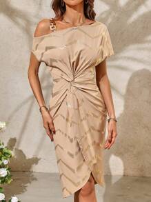 SHEIN Clasi Women's Summer Holiday Asymmetric V-Neck Twisted Wrap Dress With Foil Print Wedding Guest Summer - Yellow - View 1
