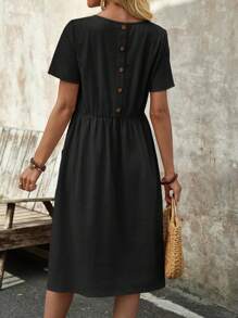 EMERY ROSE Women's Spring Round Neck Short-Sleeve Dress With Pockets And Doll Pattern