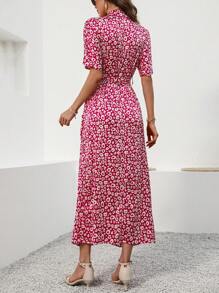 Breezaya Allover Print Lapel Neck Summer Dress With Cut-Out And Waist Belt Detailing, Thigh Length - Pink - View 2