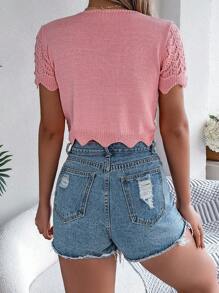 Cárdigan de punto calado de manga corta con lazo en unicolor Primavera/verano, top corto para vacaciones - Rosa - Ver 2