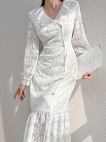 Modelyn 女士襯衫領雙排釦休閒長袖連衣裙，帶襯邊裝飾 - 白色 - 查看 7