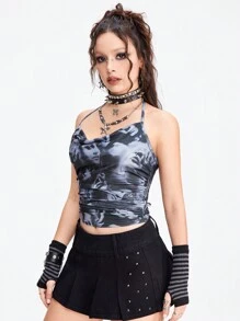 ROMWE Grunge Punk Letnie, seksowne Głęboki dekolt w szpic Nadrukowany Crop top Z Zawiązany Pasek Dla kobiet - Czarne - Zobacz 6