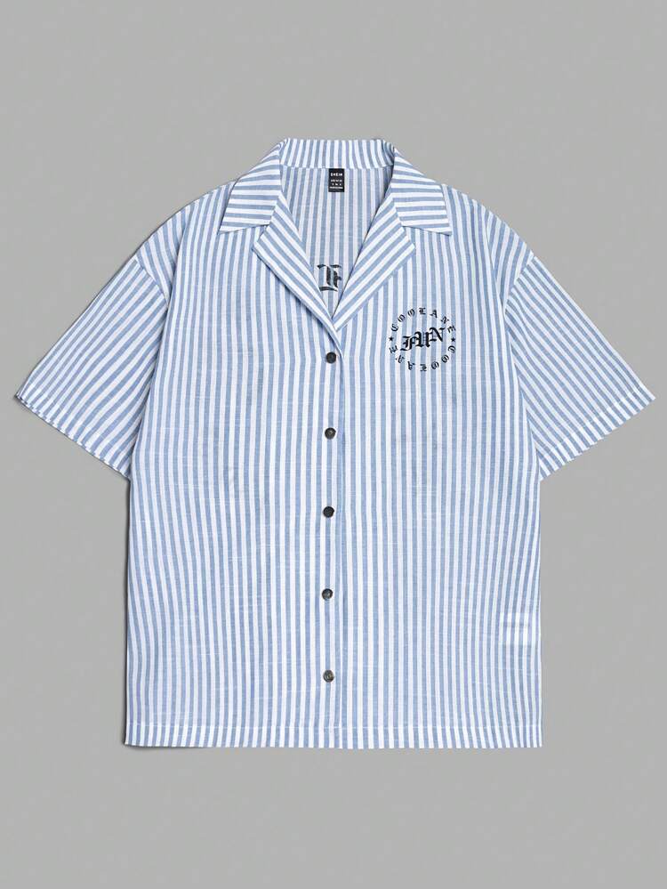 Women Blue And White Striped Hawaiian Collar Boyfriend Style Gothic Letter Shirt