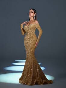 Faeriesty Đầm dạ hội trễ vai đính sequin viền đuôi cá - Rượu sâm banh - Xem 4