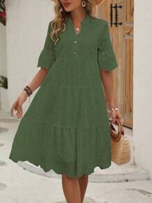 SHEIN LUNE Vestido de playa con cuello de solapa, mangas cortas y tejido con efecto de quemado, con botonadura simple y unicolor para mujer