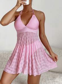 SHEIN Swim Đồ bơi đi biển màu trơn dành cho nữ có dây đeo cổ, 2 chiếc, kèm theo quần lót tam giác - Hồng - Xem 5