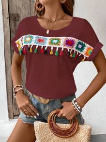 Breezaya Camiseta informal de manga corta y cuello redondo con flecos estampado de flores para las vacaciones de verano de la mujer
