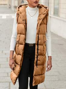 RueChic Drawstring Hooded Puffer Vest Coat - Camel - View 3