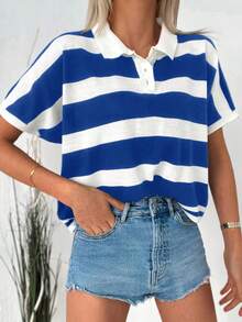 EURMUSE Striped Pattern Polo Neck Batwing Sleeve Knit Top - Blue and White - View 4