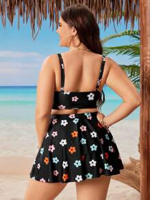 Swim Mod Plus Size Vacation Beach Floral Allover Print Bikini Set,Summer Beach - Black - View 2