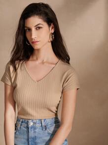 Anewsta 女士夏季實色V領短袖休閒T恤 - 棕色 - 查看 1