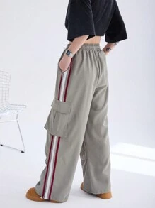 SHEIN Coolane Y2K Cargo Pants Women Fashion Wide Leg Casual Pants Loose Striped Sports Sweatpants Drawstring Parachute Pantsh Trousers - Green - View 2