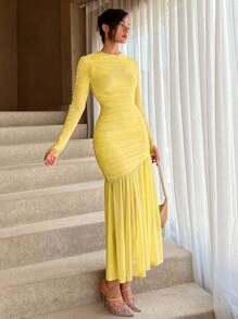 Aloruh Women's Round Neck Pleated Ruffle Hem Long Sleeve Dress For Summer - Yellow - View 4