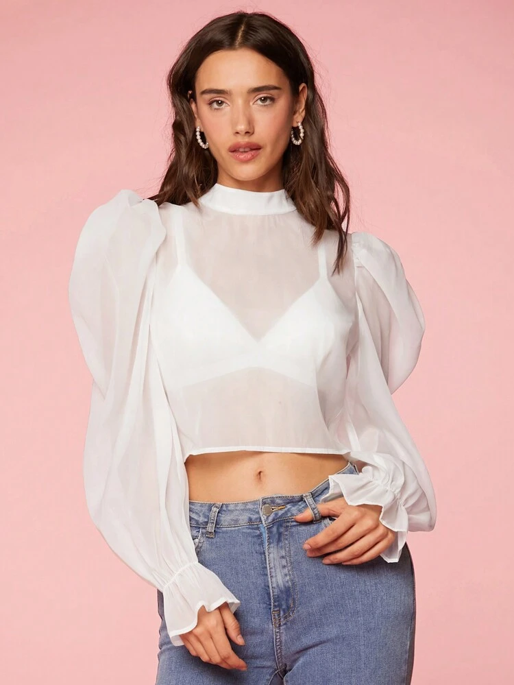 Chemisier pour femme en manches bouffantes tissées avec nœud papillon dans le dos