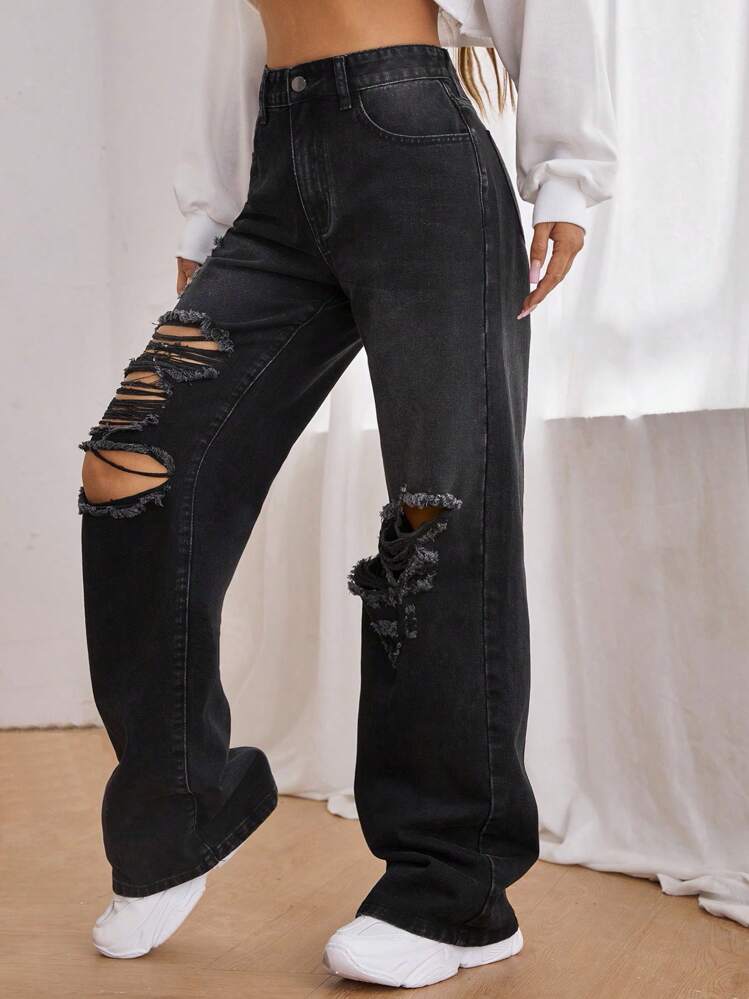 SHEIN EZwear ダメージワイドレッグジーンズ | SHEIN JAPAN