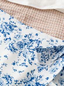 Soleia Mùa hè dành cho nữ thường ngày phong cách đồng quê Áo có dây đeo spaghetti đan màu trắng và in hoa màu xanh/trắng quấn dây buộc nơ có viền xếp nếp Bộ váy mini, hoàn hảo cho các bữa tiệc trà và mùa tốt nghiệp - Xanh và trắng - Xem 6