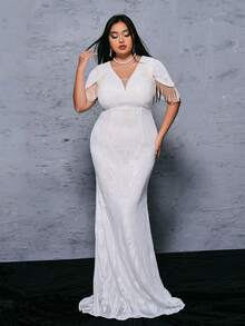 seomiscky Plus Size Women's Fashionable V-Neck Beaded Bodycon Evening Dress - White - View 6