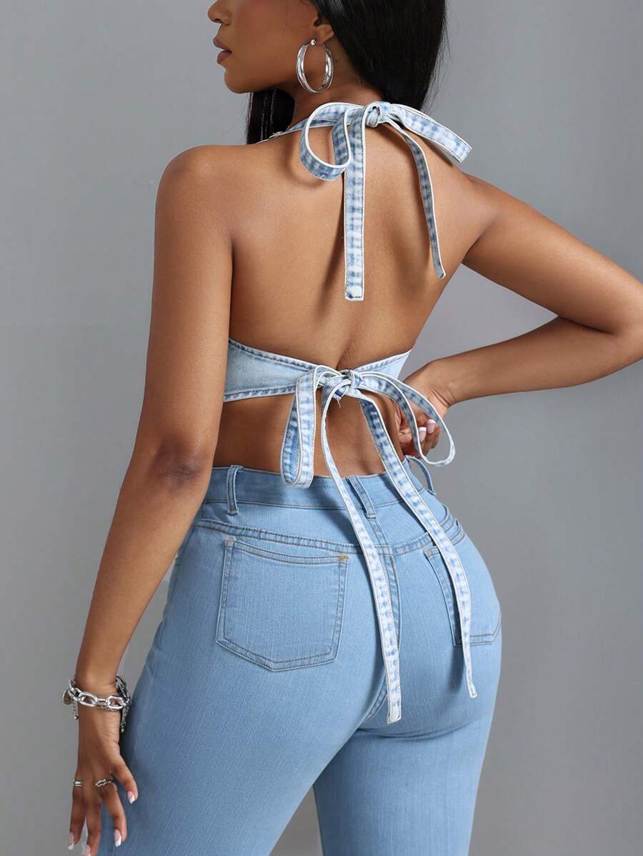 SHEIN SXY Women's Summer Sexy Strap Backless Cropped Halter Denim Top - Blue - View 1