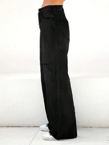 拉鍊開襠，生邊直筒牛仔褲 - 黑色 - 查看 4