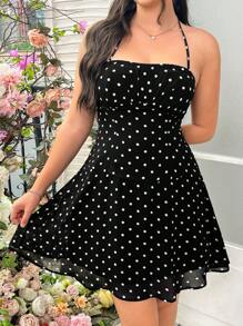 SHEIN EZwear Women's Plus Size Summer Holiday White Polka Dots Black Background Halterneck Dress
