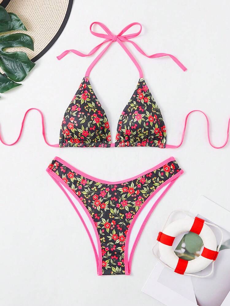 Women's Floral Print Halter Neck Tie Sexy Bikini Set For Vacation Summer