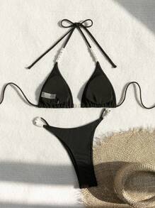 SHEIN Swim Women's Vacation Faux Pearl Decorated Halter Neck Tie Sexy Bikini Set,Summer Beach - Black - View 2