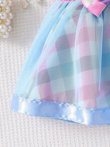 Baby Girl Cute White Top With Bear Embroidery And Colorful Checkered Mesh Fluffy Skirt Set - Multicolor - View 5