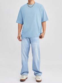 SWAVVY Men Loose Fit Solid Color Drop Shoulder T-Shirt, Summer - Baby Blue - View 5