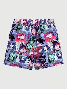 ROMWE MEN Anime 男士動漫印花短褲，適用於春夏日常穿著 - 彩色 - 查看 2