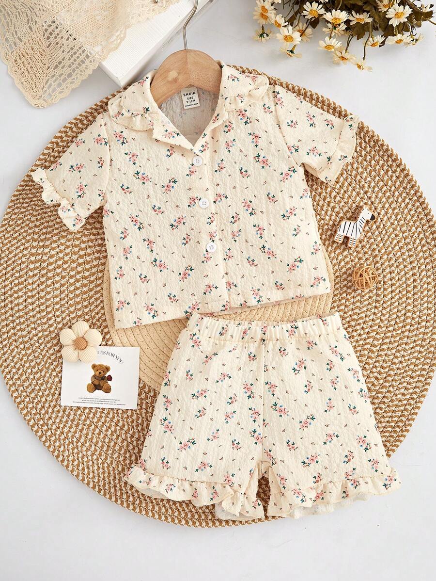 Baby Girl Apricot Simple Flower Print Shorts And Short Sleeve Loose Casual Homewear Set