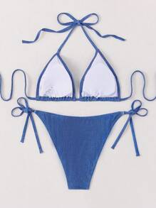 SHEIN Swim Summer Women's Vacation Wear Halter Neck Floral Decor Two-Piece Bikini Set - Blue - View 2