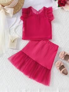 Conjunto de 3 piezas de verano para bebé niña con camiseta con cuello redondo, escote halter y falda con insertos de malla, todo de unicolor - Rosa Fucsia - Ver 2