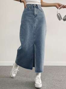 DAZY 女士简约日常休闲开衩牛仔裙，返校季必备牛仔裙 - 中等水洗藍 - 查看 4