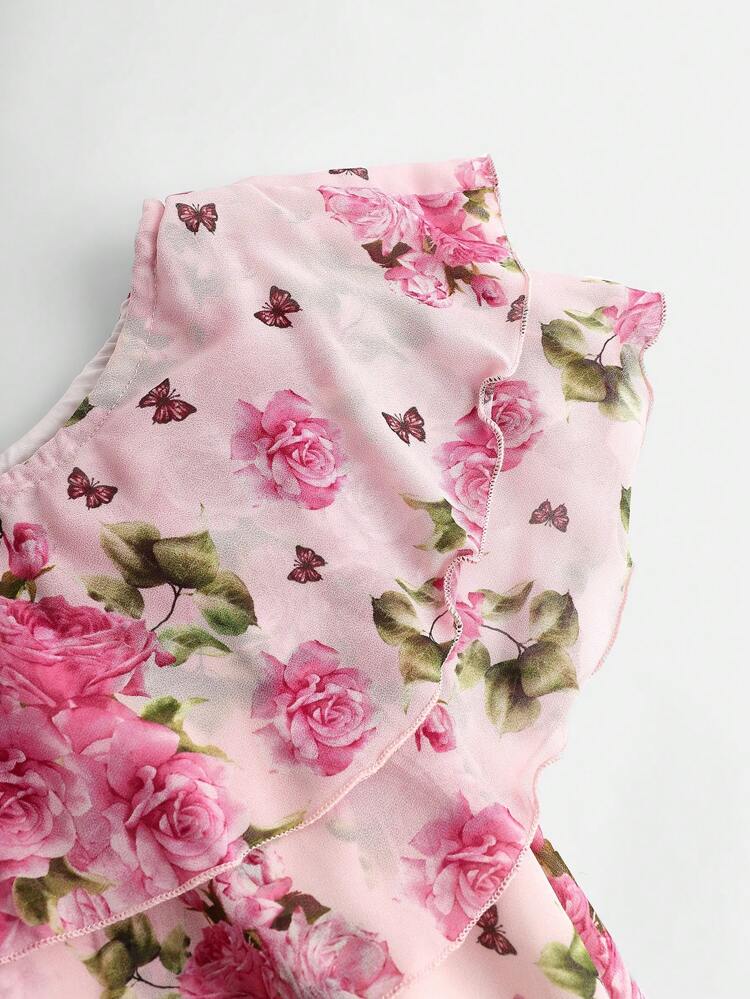 Teen Girl Asymmetrical Neck Ruffle Trim Rose Print Chiffon Dress