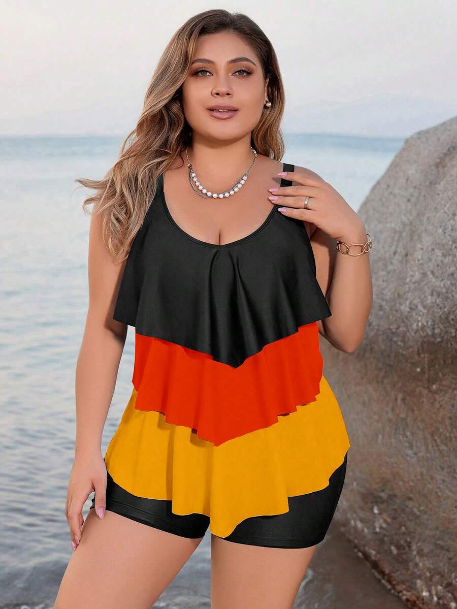 Swim Lushoire Plus Size Women's Summer Beach Color Block Ruffled Hem Beach Vacation Swim Dress - Multicolor - View 1