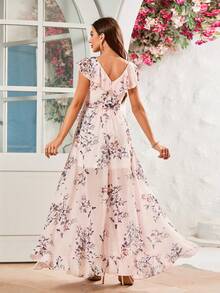 Women's Floral Print Ruffle Trim Asymmetrical Hem Party Dress - Pink - View 2