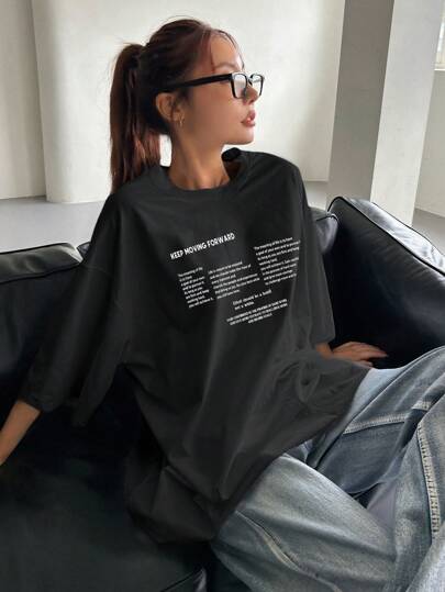 DAZY Women's Summer Slogan Printed Round Neck Oversized Short Sleeve Casual T-Shirt KEEP MOVING FORWARD, Y2k,Graphic Tees
