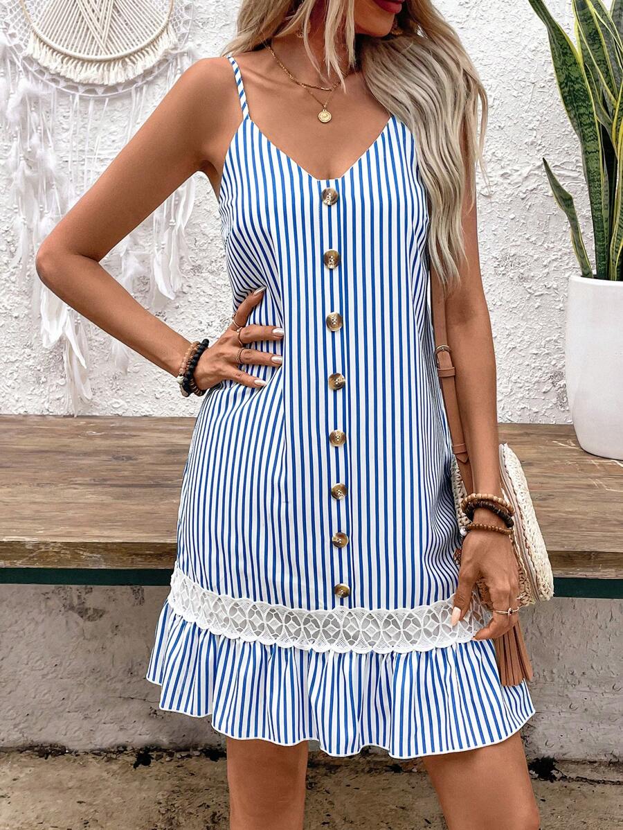 Breezaya Robe cami à boutons devant avec empiècement en dentelle, blocs de couleurs et rayures pour vacances et loisirs, tenues de plage pour femmes - Multicolore - Voir 1