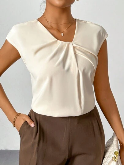 Firerie Women Elegant Solid Color Cap Sleeve Pleated Slim Fit Shirt For Work,Graduation,Teacher Outfits For Women,Back To School