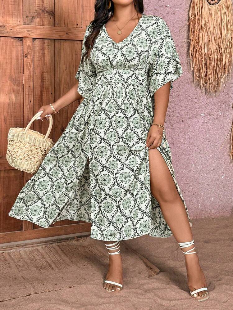 Plus Size Printed Batwing Sleeve Dress With Cinching Waist And Slit, For Holiday And Leisure
