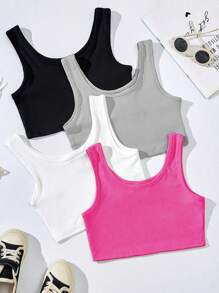 SHEIN Tween Girl Ribbed Hollow Solid Color 4pcs Short Round Neck Top Pack - Multicolor - View 1