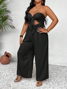 SHEIN VCAY 大尺碼假日無肩帶連身褲，長褲款式 - 黑色 - 查看 3