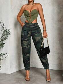 SHEIN Slayr Women's Casual Loose-Fitting Camouflage Jeans With Cargo Pockets And Elastic Cuffs - Multicolor - View 2