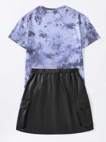 SHEIN Conjunto para chica adolescente que incluye camiseta extragrande con estampado tie-dye y falda con diseño impreso - Negro - Ver 2