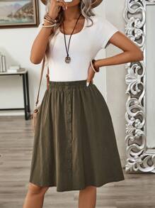 EMERY ROSE Linen Summer Women's Solid Color Simple Daily Button Decorated Skirt - Army Green - View 5