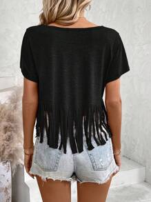 SHEIN LUNE 女士時尚流蘇純色短袖T恤 - 黑色 - 查看 2