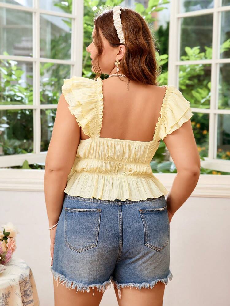 Women Cut Cap Sleeve Shirt With Shoulder Straps, Ruffled Hemline, Drawstring Waist And Front Buttons, Light Pink, Ideal For Summer Vacation