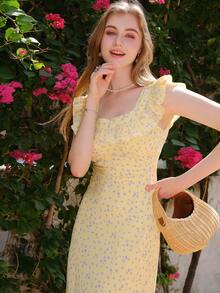 V-Neck Floral Printed Ruffle Hem Elegant Summer Dress - Yellow - View 6
