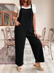 Breezaya Plus Size Women's Solid Color Simple Daily Jumpsuit - Black - View 4